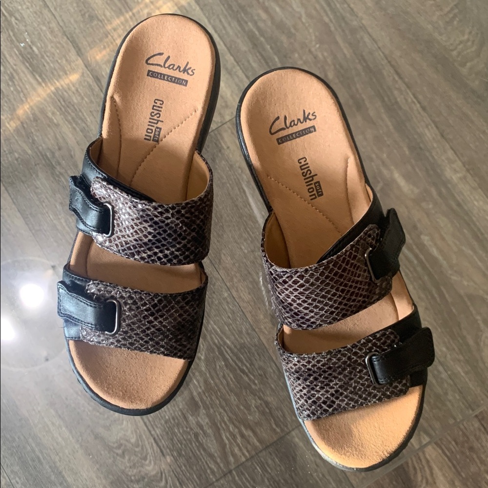 Clarks Women's Black and Brown Snakeskin Sandals